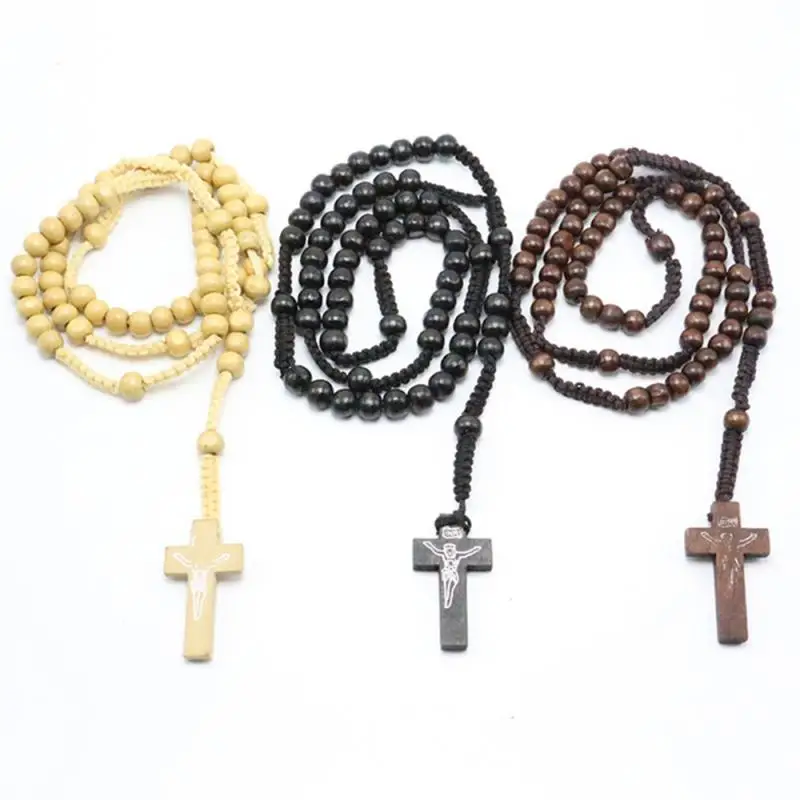 1 buc Colier Stil Vintage pentru Bărbați Și Femei Catolice Hristos Lemn Margele Rozariului Crucea Pandantiv Colier Moda Bijuterii Vânzare Fierbinte Imagine 0
