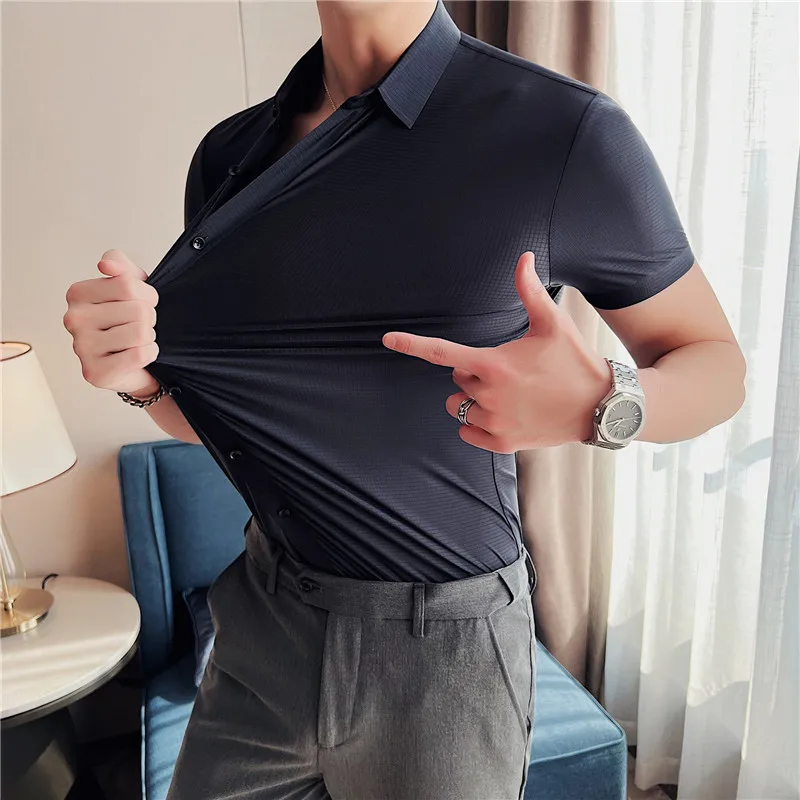 De Înaltă Calitate De Vara Cu Maneci Scurte Întinse Tuxedo Shirt Pentru Bărbați Îmbrăcăminte 2022 Slim Fit Casual Decora Nici O Urmă Camisas De Hombre Imagine 0