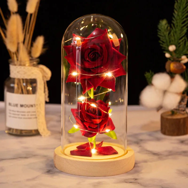Două Capete de Flori de Trandafir în Formă de Lumină LED-uri Cupolă de Sticlă Flori Artificiale Lumini de Basm Ziua Mamei Cadou de Ziua Îndrăgostiților pentru Fata Imagine 0