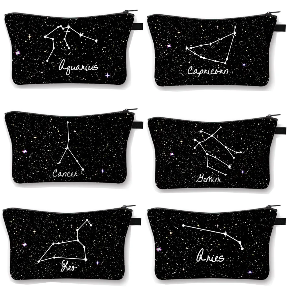 Douăsprezece Constelații Zodiacale Semn Cosmetice Cazul Femeilor Frumusete Machiaj Pungi Doamnelor Fermoar Husă Ruj Sac Fete Cosmetice Caz Imagine 0
