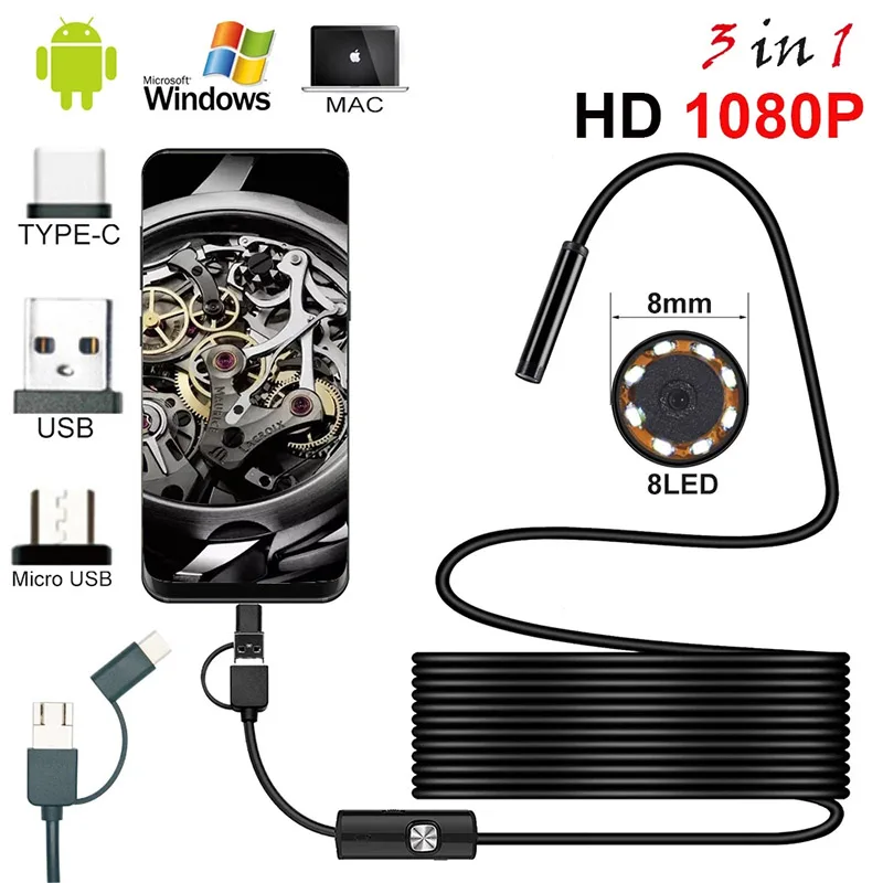 HD 1080P Camera Endoscop USB de TIP C USB, Micro USB Șarpe Inspecție Borescope Camera de 8,0 mm Lentile HD 8 Led-uri Pentru Android pe PC Imagine 0