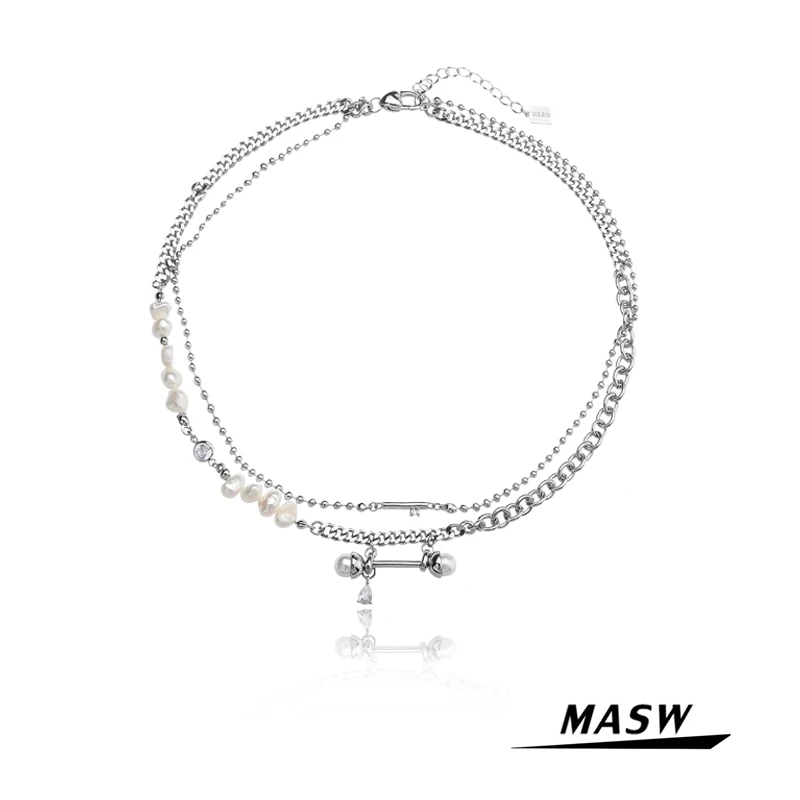 MASW Moda Bijuterii Două Straturi Lanț Colier Design Original Naturale de apă Dulce Perla Cravată Colier Pentru Femei Cadouri de Partid Imagine 0
