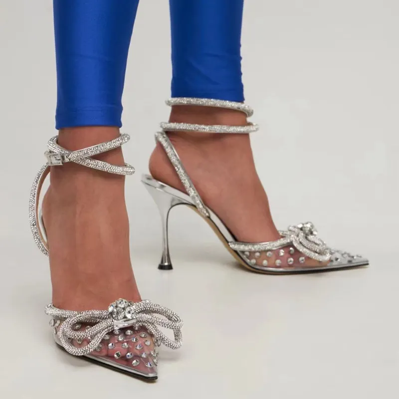 Pista Stil Sclipici, Strasuri Femei Pompe Crystal Lady Pantofi de Bal Arc Curea Glezna Subliniat Toe 8.5 cm Tocuri inalte Pantofi de Nunta Imagine 0