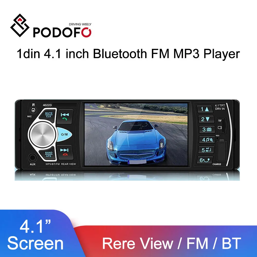 Podofo 1din Radio Auto Stereo 4.1 inch, Bluetooth FM MP3 Autoradio Player Multimedia 1 Din Audio Stereo USB FM Rezervă Monitor Imagine 0