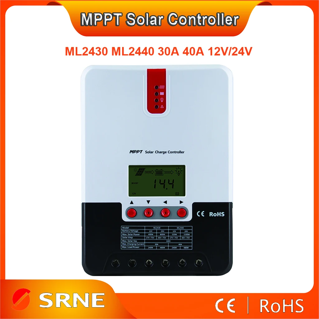 SRNE ML2430/ML2440 30A/40A 12V24V Auto MPPT Controler de Încărcare Solar pentru baterii solare FOTOVOLTAICE, regulator de Încărcător cu BT-1 RM-5 LCD Imagine 0