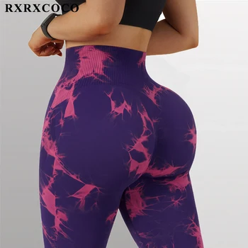 RXRXCOCO Fitness Femei Jambiere Push-UP Sport fără Sudură Jambiere Talie Mare Tie Dye Yoga Sport de Antrenament Push-Up Gym Pantaloni