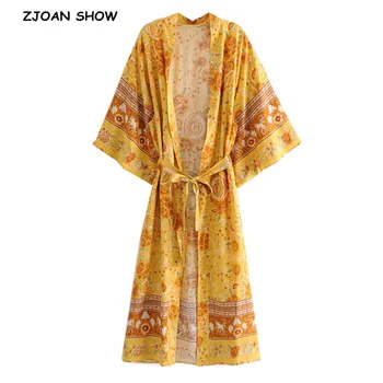 Bohemia V gât de Aur de Flori Print Maxi Lung Kimono Cardigan Femei Etnice Cheotoare Arc Eșarfe Bluza BOHO Bluza Vrac Topuri