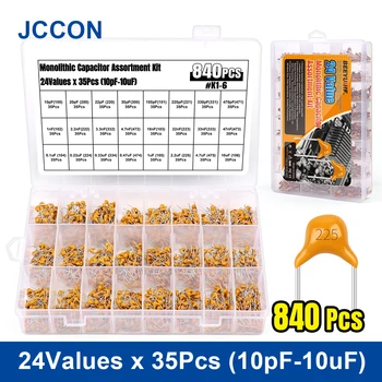 840Pcs JCCON Condensator Ceramic Kit 10pF-10uF Monolit Condensator Ceramic Sortiment Kit 24Values x 35Pcs 10pF 20pF 22pF 30pF