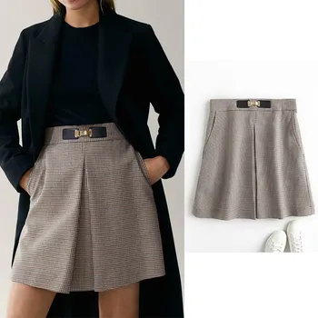 Femei Fusta Za 2021 Plaid Print Elegand Stil Fusta Mini din Bumbac Lanon O linie de Toamna Fusta Eșarfe Jupe Femme Faldas Mujer Moda