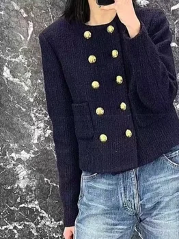 Maneca Lunga Palton Vintage Lână Jachete Femei Topuri Elegante Bleumarin Casaco Haină De Lână Femei Abrigos Dublu Rânduri Tweed