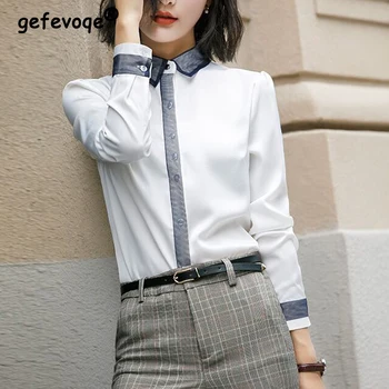 Coreea Moda Simplu Birou Doamnă Elegant Mozaic Alb Button Up Shirt Stand De Guler Maneca Lunga Slim Bluza Top De Sex Feminin Blusas