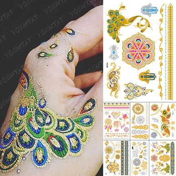 Impermeabil Tatuaj Temporar Autocolant Lotus Păun Aur, Argint Metalic Flash Tatuaj Boho Henna Mandala Bijuterii, Body Art, Sclipici