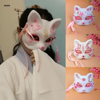 Cherry Blossom Masca Pisica Stil Japonez Cosplay Costum Petrecere Jumătate Masti De Fata Cu Ciucuri Bell Mascarada Festival