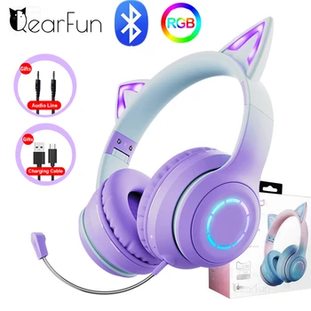 QearFun Gradient de Roz Pisica ureche Căști cu Microfon pentru Fete Kawaii Copii Telefon MP3, HiFi Stereo Muzică Stralucitoare Wireless Căști