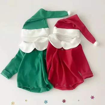 De Crăciun, Haine Pentru Copii Baieti Fete Romper Toamna Cu Maneca Lunga, Salopete Bumbac Rosu/Verde Costum Salopeta Body Pentru Bebeluși Cu Pălărie