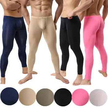 Ultra-subțire pentru Bărbați Jambiere de Fitness Matase de Gheață Lung Johns Pantaloni Lenjerie Sexy Penis Husă Barbati Dresuri de Compresie Jambiere Sleepwear
