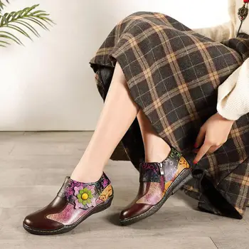 Pantofi pentru femei 2022 retro moda Etnice din Piele ZIP toc plat Rotund Toe Casual Flori Superficial femei pantofi Mov 36-42