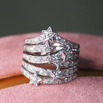 Femeile Delicate Nunta Bijuterii Incrustate cu Cubic Zirconia Inel Argint Metal de Culoare Multi-Strat Star Ring pentru Nunta Nupțial Bijuterii