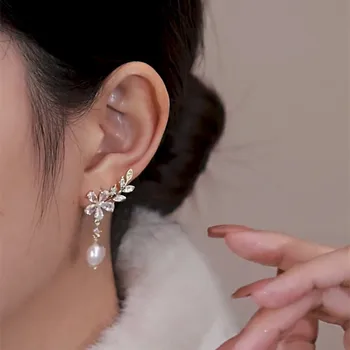 Moda coreeană Perla Flori Legăna Cercei pentru Femei Cristal Frunze de Salcie Cercei Statement Ziua Îndrăgostiților Cadou Bijuterii Pendien