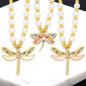 FLOLA Placat cu Aur, Margele Dargonfly Coliere pentru Femei Multicolor CZ de Cristal Colier de Perle Albe Delicate Bijuterii Cadouri nkeb594
