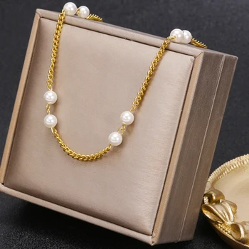 Farmec perla Colier Femei Bijuterii 18K Placat cu Aur din Oțel Inoxidabil Lanț Perla Cravată Colier