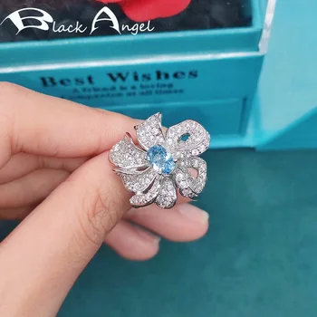BLACK ANGEL Sky Blue Topaz Multi-Strat de Lichidare Inele de Flori Femei Reglabil Încrustat Lux Piatră prețioasă de Logodna Bijuterii de Argint
