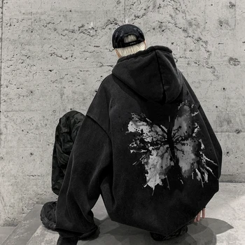Hybskr Epocă DistressedMens Hanorace Brand de Moda Liber Harajuku Pulovere Fluture Hip Hop Y2K Masculin Jachete Streetwear