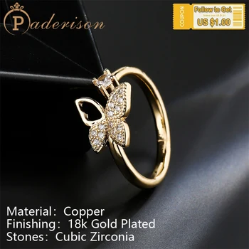 Moda Elegant Cupru Zircon Fluture de Deschidere Inel pentru Femei la Modă 18K placat cu aur Geometrice Inel Reglabil Petrecere Bijuterii