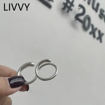 LIVVY Culoare Argintie Simpla Design Unic, Continuu, cu Două Degete Conectat Inel Femei de Personalitate de Înaltă calitate Bijuterii