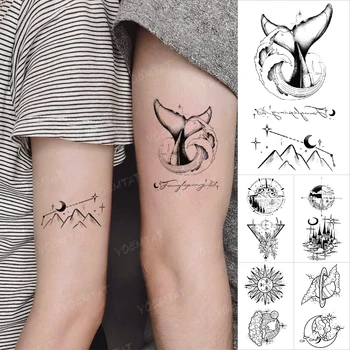 Linie Neagră Impermeabil Tatuaj Temporar Autocolant Coadă De Pește Val De Pământ Luna Ilustrare Tatuaj Body Art Cuplu Mic Tatuaj Bărbați Femei
