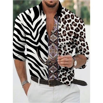 Sociale de Epocă Cămăși Pentru Bărbați Supradimensionate Tricou Casual Leopard de Imprimare Topuri cu Maneci Lungi pentru Bărbați Îmbrăcăminte de Streetwear Cardigan Bluze