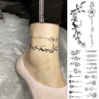 Tatoo Rezistent La Apa Pentru Femei Flori Temporară Autocolant Glezna Litere Fals Negru Tatuaj Picior Parte Bărbați Femei Sclipici Tatuaje Body Art
