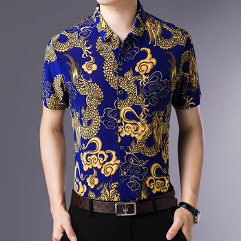 Barbati Dragon Print Bluza de Vara Tricouri de Imprimare de Moda Streetwear Maneca Scurta de sex Masculin Rândul său, în Jos Guler Rochie, Tricouri