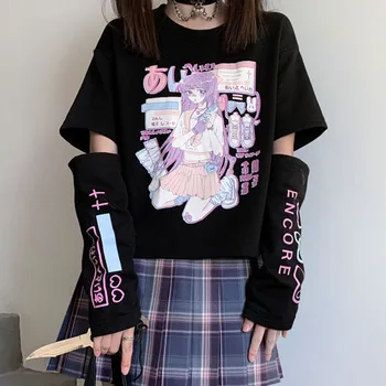 Anime Femei T-shirt 2021 Gotic Print Feminin Haine Stil Japonez Tricou MINGLIUSILI Top Negru Mujer Cu Split Mâneci