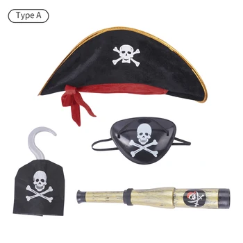 Copii Pirat Pălărie Tri Colț Pirat Pălărie Petrecere De Halloween Craniu De Imprimare Căpitan Pirat Ochelari De Craniu Cruce Plasture Pe Ochi Telescop Cârlig