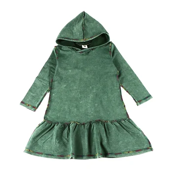 Fata rochie de denim verde stonewash fata hanorac cu mâneci lungi copii rochie colorate în afara împletit zburli jos familie tinuta