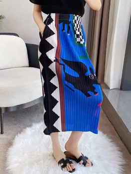 Miyake Femei Fusta Plisata Imprimare Talie Elastic Split Elegant Cu Un Pas Fuste Midi Casual Stil 2022 Vara Fusta De Moda