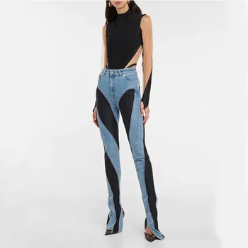 Femei Spirală Două Culori Imbinate Întindere Mare Waisted Skinny Jeans de Agrement Picior Pantaloni Slit Lung Micro Trage Podea Blugi S-L