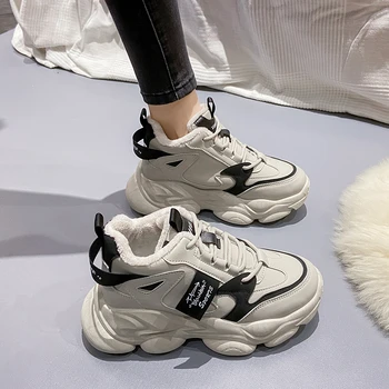 De Iarnă 2022 Indesata Adidasi Femei Pluș Cald Nou De Sex Feminin Negru Bej Cu Platforma Pantofi Cu Talpa Groasă Casual Pantofi Pentru Femeie Pantofi Vulcaniza
