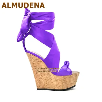 ALMUDENA Plută Prins Toc Sandale cu Platformă de Lemn Violet Rochie din Satin Pantofi de Cruce Curea de Papion, Dantela-up Pompe de Fluture nod Tocuri