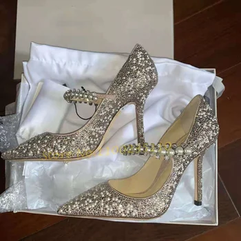 Pearl Diamant Ascuțite Catâri Tocuri Inalte Femei Bling Nunta Elegant Stilet Tocuri Sandale De Vară Doamna Superba Rochie Argintie Pantofi