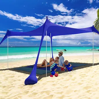 10x10 FT Plajă de Familie Cort Parasolar UPF50+, Plajă Mare Umbra Baldachin cu Mat și 4 Poli pentru Camping,Petreceri,Picnicuri, Curte