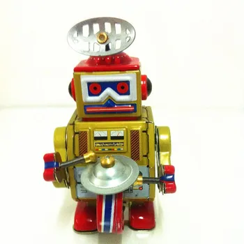 [Funny] colectia Clasic Retro Ceas de Vânt de până Metal de Mers pe jos de Tinichea cu Trupa gong tambur robot reamintim jucărie Mecanică copii cadou