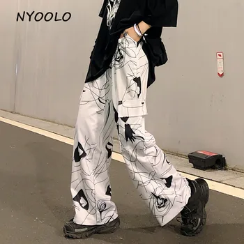NYOOLO Casual, design 3D de imprimare geometrice Mari buzunare largi picior pantaloni Toamna streetwear liber talie elastic lungime completă pantaloni