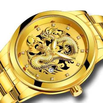 Calendar de moda Bărbați Cuarț Ceas din Oțel Inoxidabil Non-Mecanică Mare Cadran de Ceas de Afaceri Impermeabil Diamant Dragon Ceas de mână