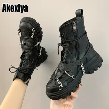 Nou Piele Pentru Femei Doamnelor Cizme De Glezna Mijlocul Toc Dantelă-Up Lucrător Armata Neagră Goth Pantofi De Toamnă Sexy Lanț De Înaltă Calitate P416