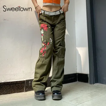 Sweetown Streetwear Grunge Pantaloni de Marfă Tie Dye Print Vintage anii ' 90 Largi Picior Pantaloni Femei, Talie Joasa Drept Y2K pantaloni de Trening