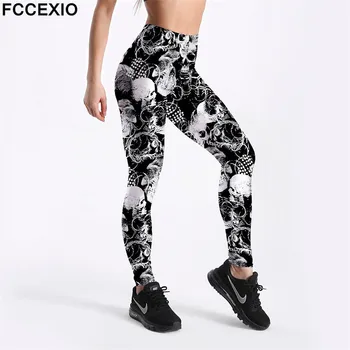 FCCEXIO Mare Quaility 3D Negru Craniu de Imprimare Digitală Femei Legging cu Talie Înaltă Fitness Întinde Jambiere Pantaloni de Antrenament Hallowmas