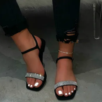 2022 Noi de Vara Stras Femei Sexy Sandale Cristal Curea Pantofi de Femeie Plat cu Bling Confort Sandale Marimea 37-42