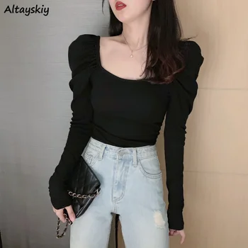 Tricouri Femei Pur Moda Uri Simple Topuri de Vara Pătrat Guler Solid Casual, Skinny Slim Stil coreean Negru Puff Maneca Trendy